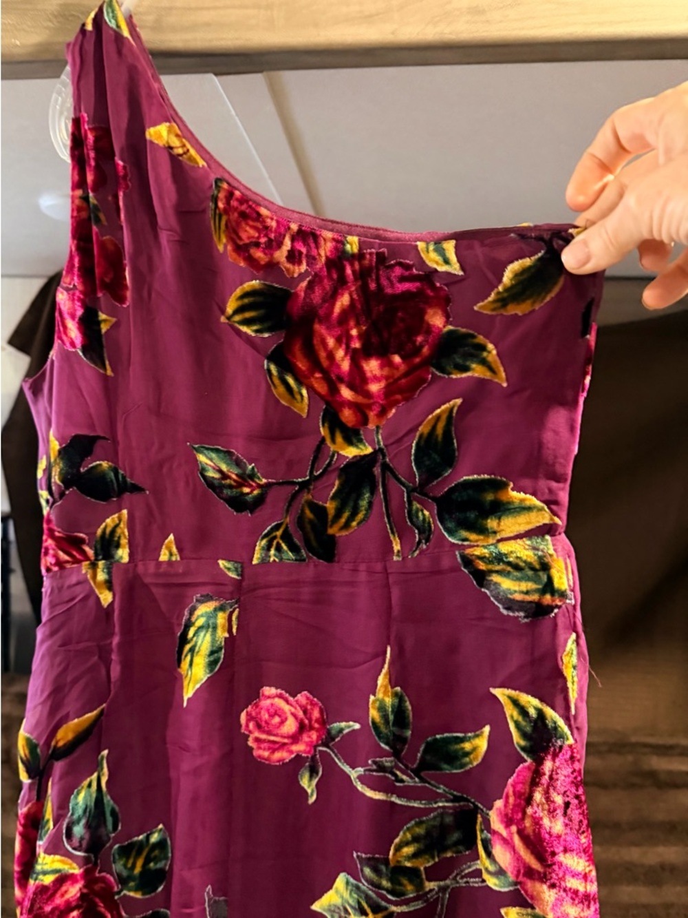 Lulu's Plum Floral Velvet Dress with Green & Gold Accents
